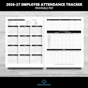 Puede incluir: Un documento PDF imprimible de seguimiento de asistencia de empleados 2026-27. El diseño incluye calendarios mensuales, códigos de asistencia, una sección de notas, un rastreador de horas de enfermedad y vacaciones, y un registro de advertencias.