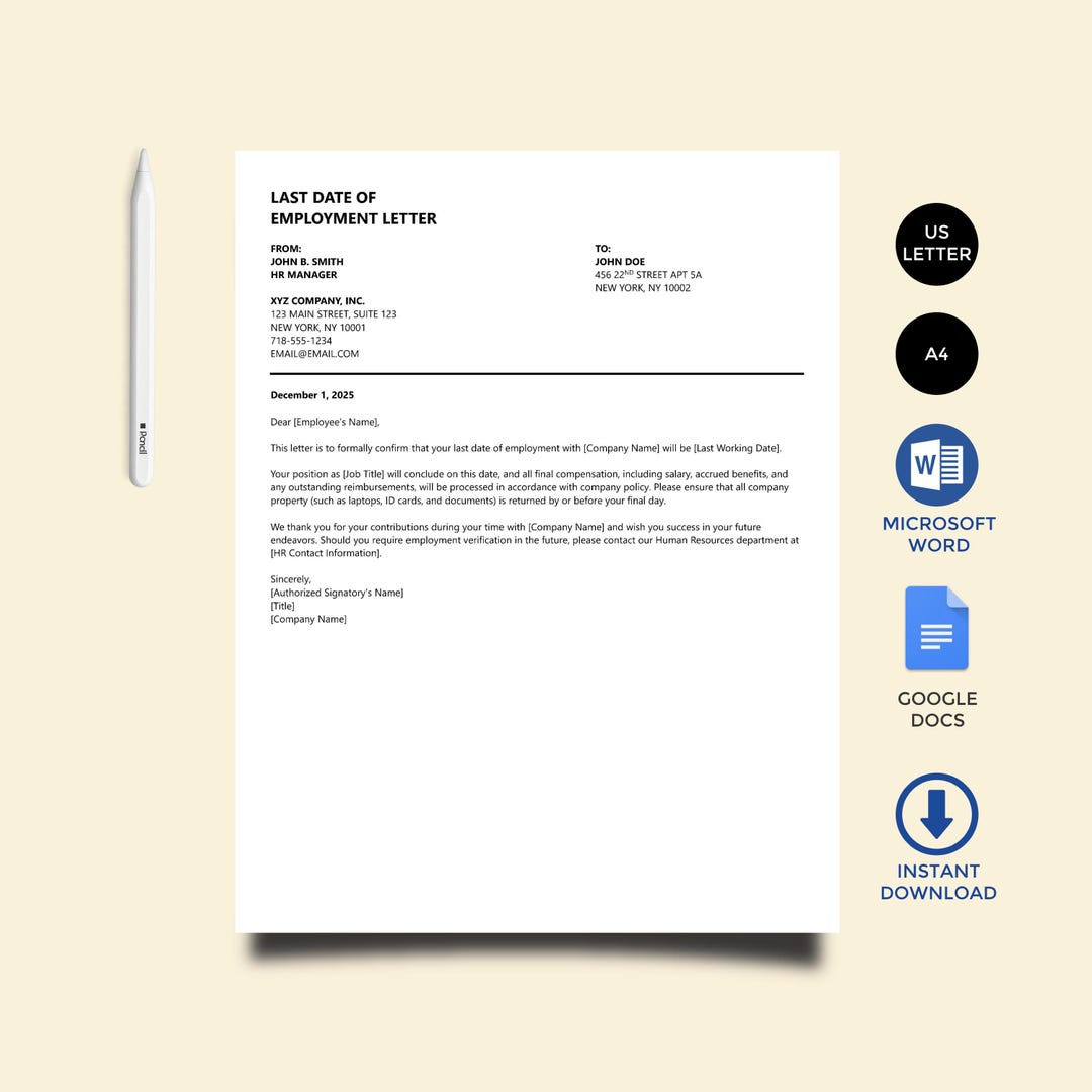 Editable Last Date of Employment Letter: Microsoft Word & Google Docs ...