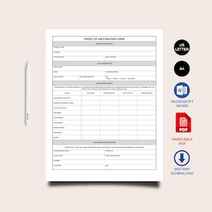 Puede incluir: Un formulario blanco de prueba de vacunación con secciones para la información del propietario y del perro, y registros de vacunación. Incluye iconos para US Letter, A4, Microsoft Word, PDF y Descarga instantánea.