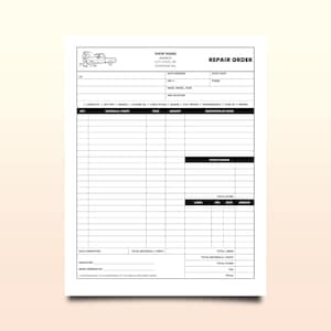 Op de afbeelding: Een wit reparatieformulier met een afbeelding van een sleepwagen. Het formulier bevat velden voor winkelinformatie, datum, voertuiggegevens en een gedetailleerd gedeelte voor het opsommen van reparatiewerkzaamheden en kosten.