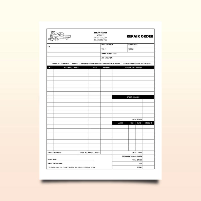 Repair Order Format Editable Repair Order Form - Cars, Trucks, Motorcycles: Microsoft Word ...