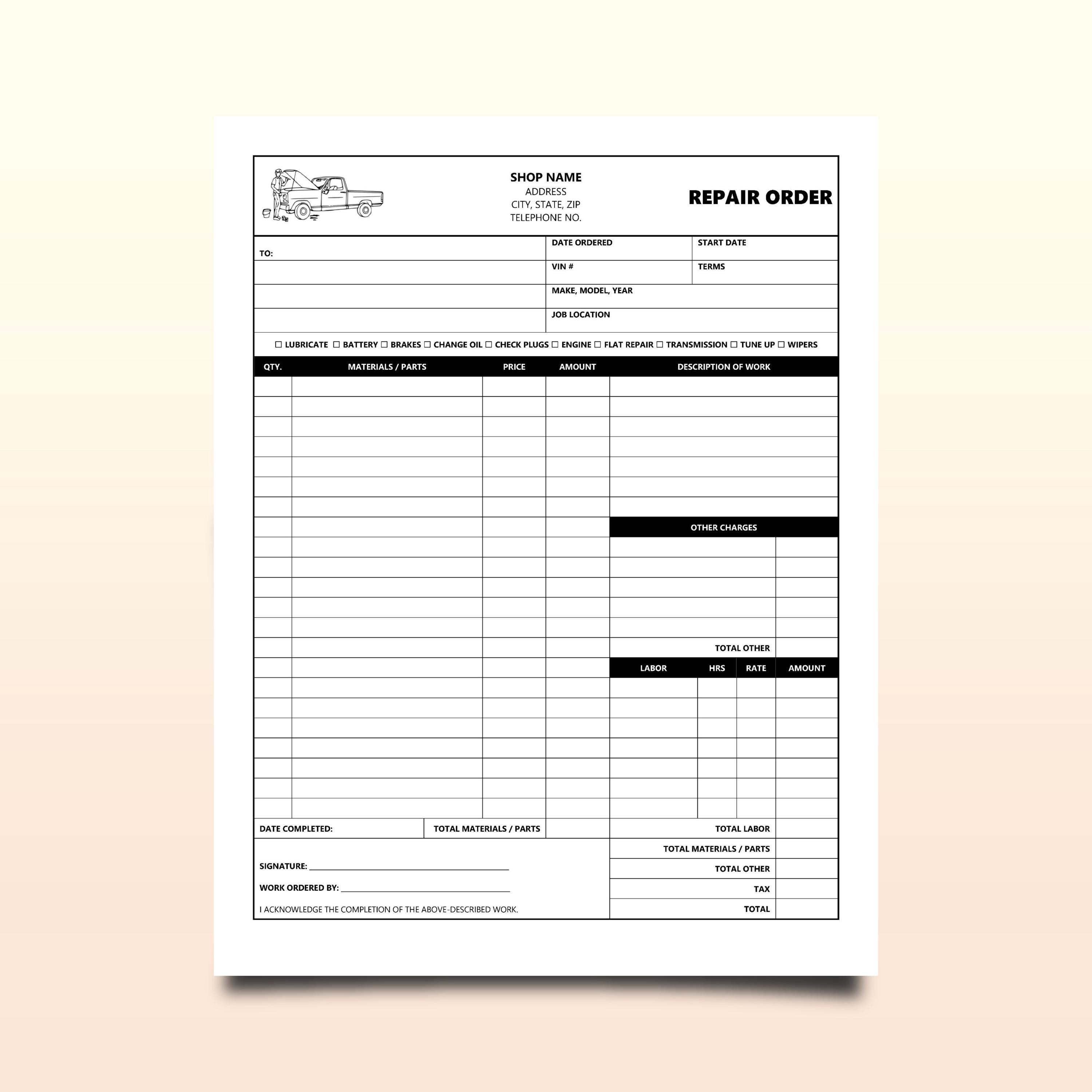 Editable Repair Order Form - Cars, Trucks, Motorcycles: Microsoft