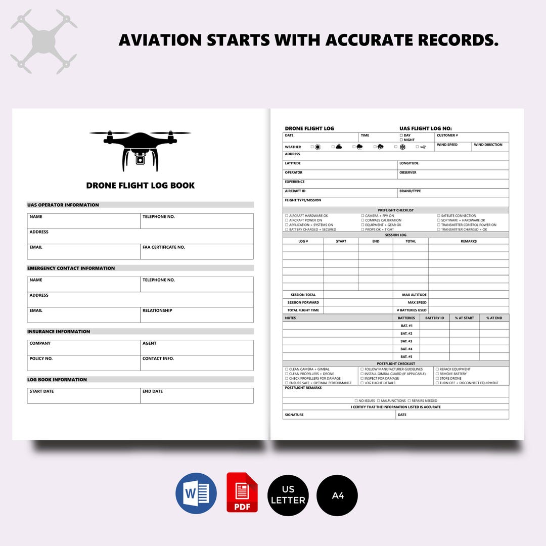 Editable Drone Log Book | Drone Maintenance Journal | Pilot Flight Book ...