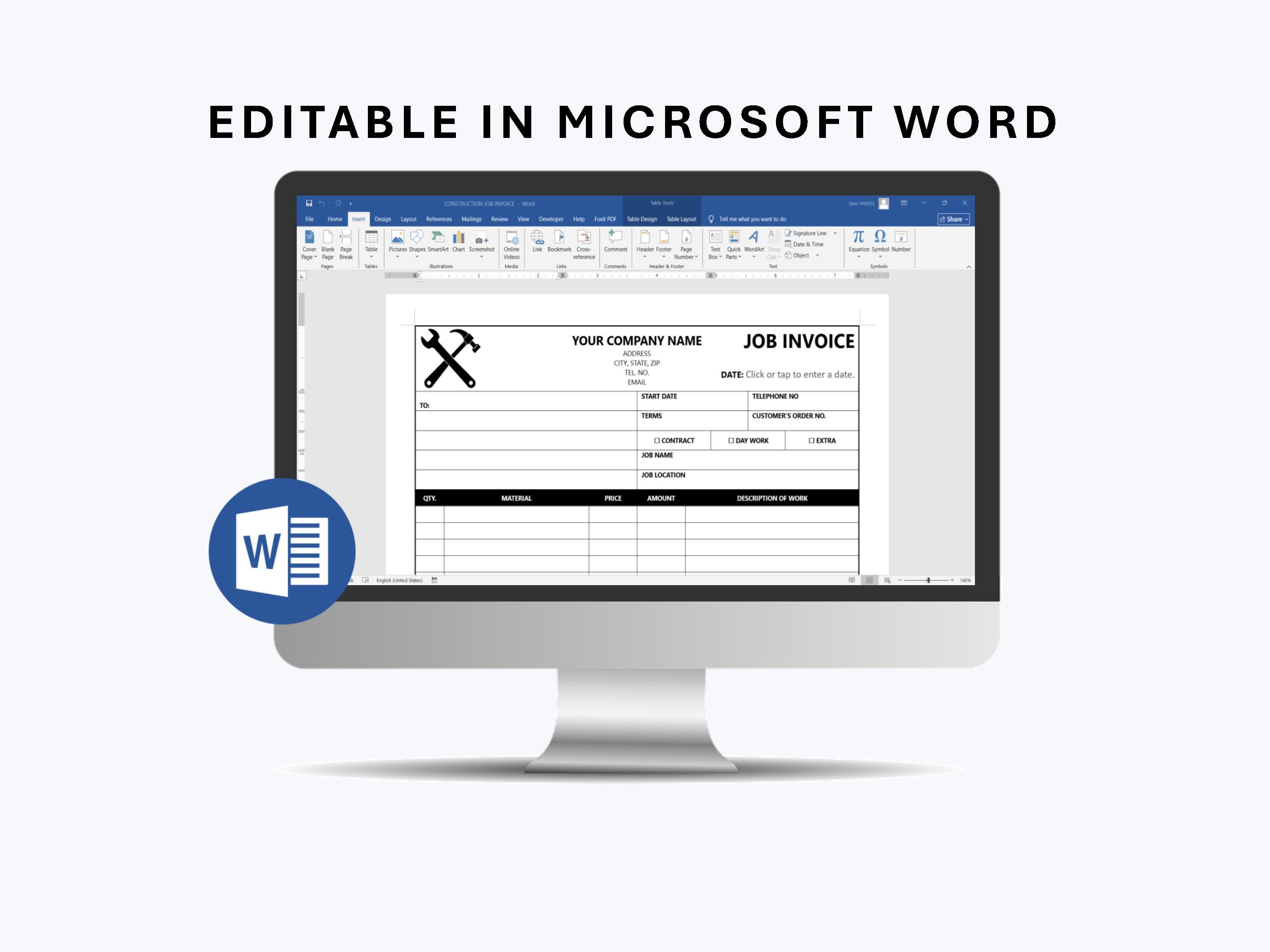 Editable Construction Job Invoice Template - Microsoft Word Template - Etsy