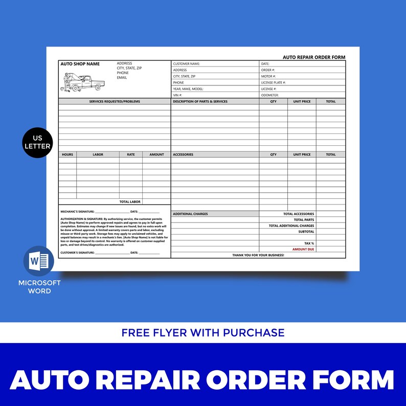 Editable Car Repair Invoice & Work Order Form Template Microsoft Word ...