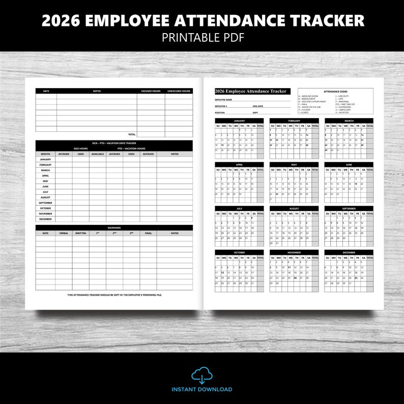 2026 Printable Attendance Calendar | Employee Time Tracker | HR ...