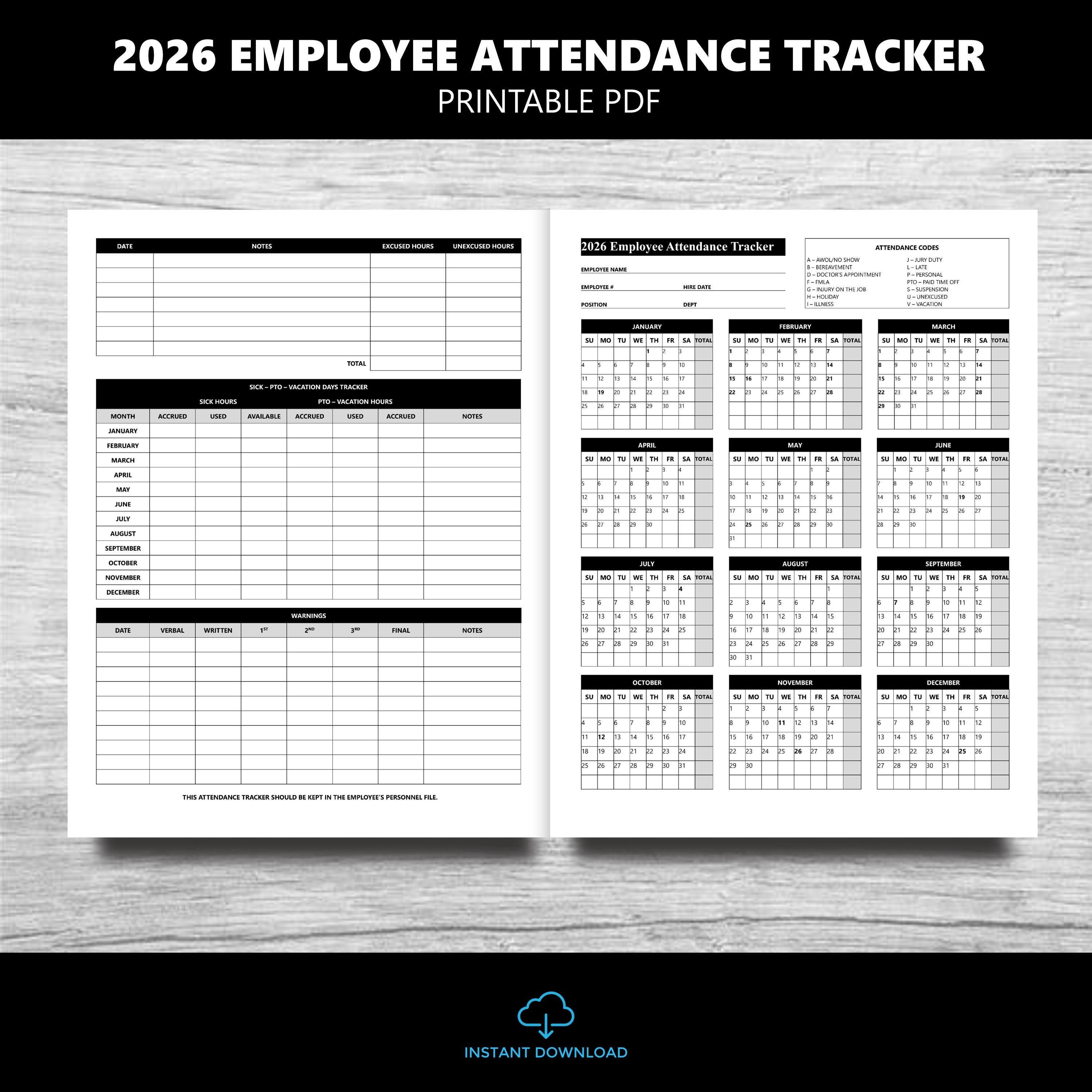 Pto Record 2026 Printable Attendance Calendar | Employee Time Tracker | HR ...
