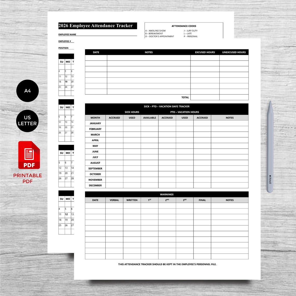 Pto Record 2026 Printable Attendance Calendar | Employee Time Tracker | HR ...