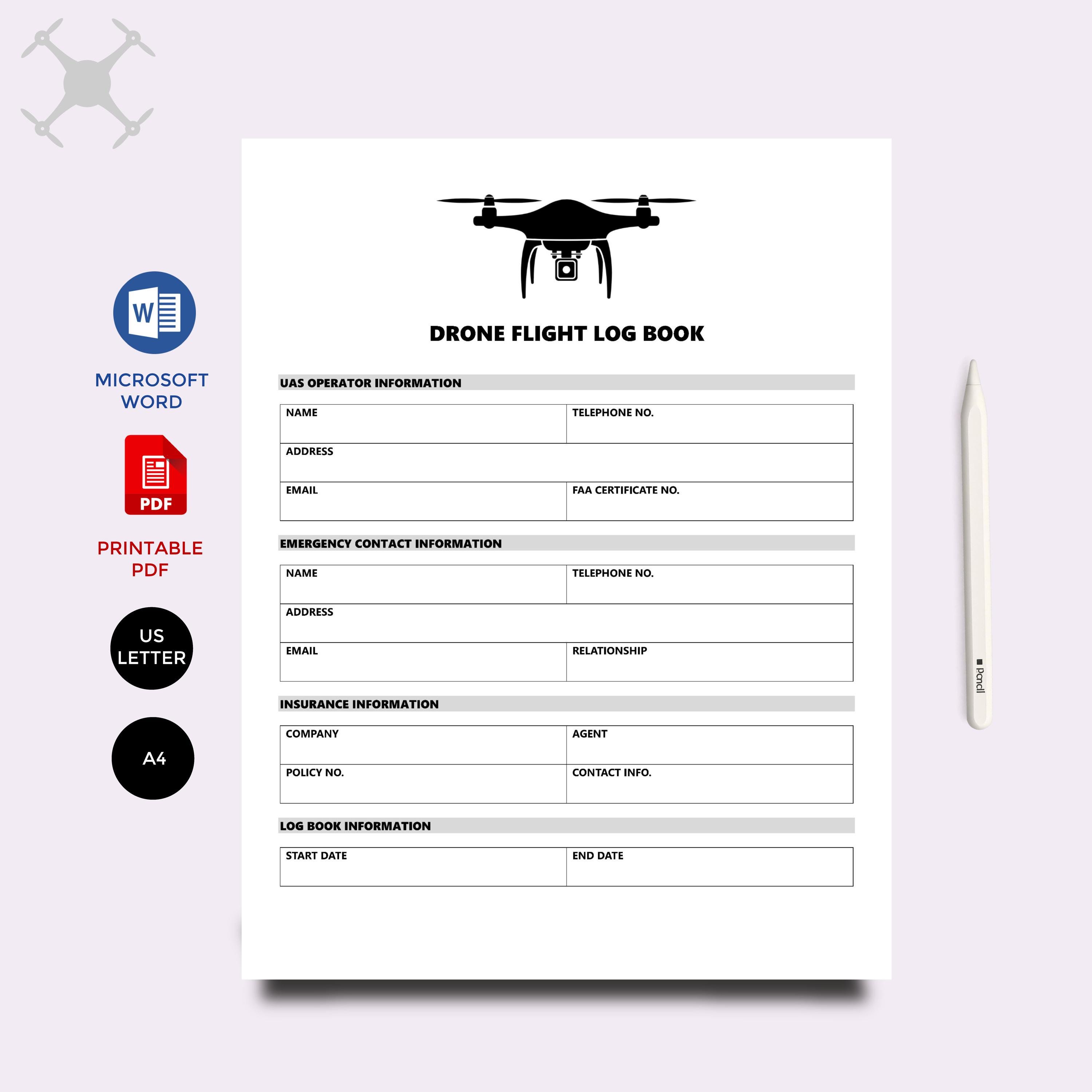 Editable Drone Log Book | Drone Maintenance Journal | Pilot Flight Book ...