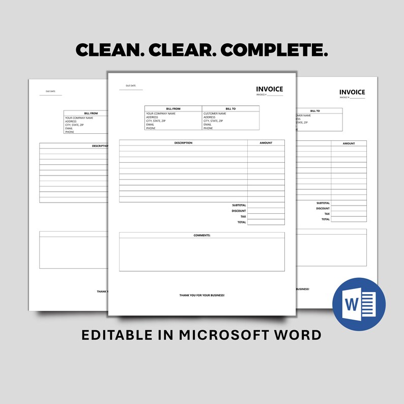 Editable Simple Invoice Template: Microsoft Word - Etsy