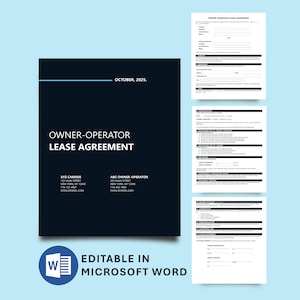 May include: A dark blue Owner-Operator Lease Agreement document with white text. The document includes the date October 2025, and contact information for XYZ Carrier and ABC Owner-Operator. The document is editable in Microsoft Word.