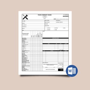 May include: A black and white plumbing invoice template with a wrench icon. The document includes fields for company information, customer details, and a detailed breakdown of services and costs. A blue 'W' icon is in the bottom right corner.
