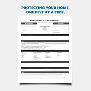 Może przedstawiać: Formularz umowy serwisowej kontroli szkodników z tekstem „CHRONIĄC TWÓJ DOM, JEDEN SZKODNIK NA RAZ”. Formularz zawiera sekcje dotyczące informacji o kliencie, danych firmy oraz listę szkodników do zwalczania.