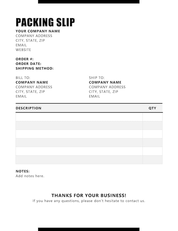 Packing Slip Printable Packing Slip Microsoft Word Packing Etsy