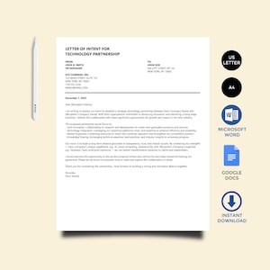 Può includere: Una lettera di intenti per una partnership tecnologica, con il testo "Lettera di intenti per la partnership tecnologica" in alto. Include informazioni di contatto, data e sezioni per il destinatario e il mittente. Presenta icone per US Letter, A4, Microsoft Word, Google Docs e Download istantaneo.