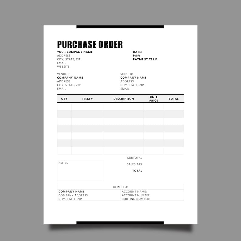 Editable Purchase Order Template: Business Form (microsoft Word) - Etsy