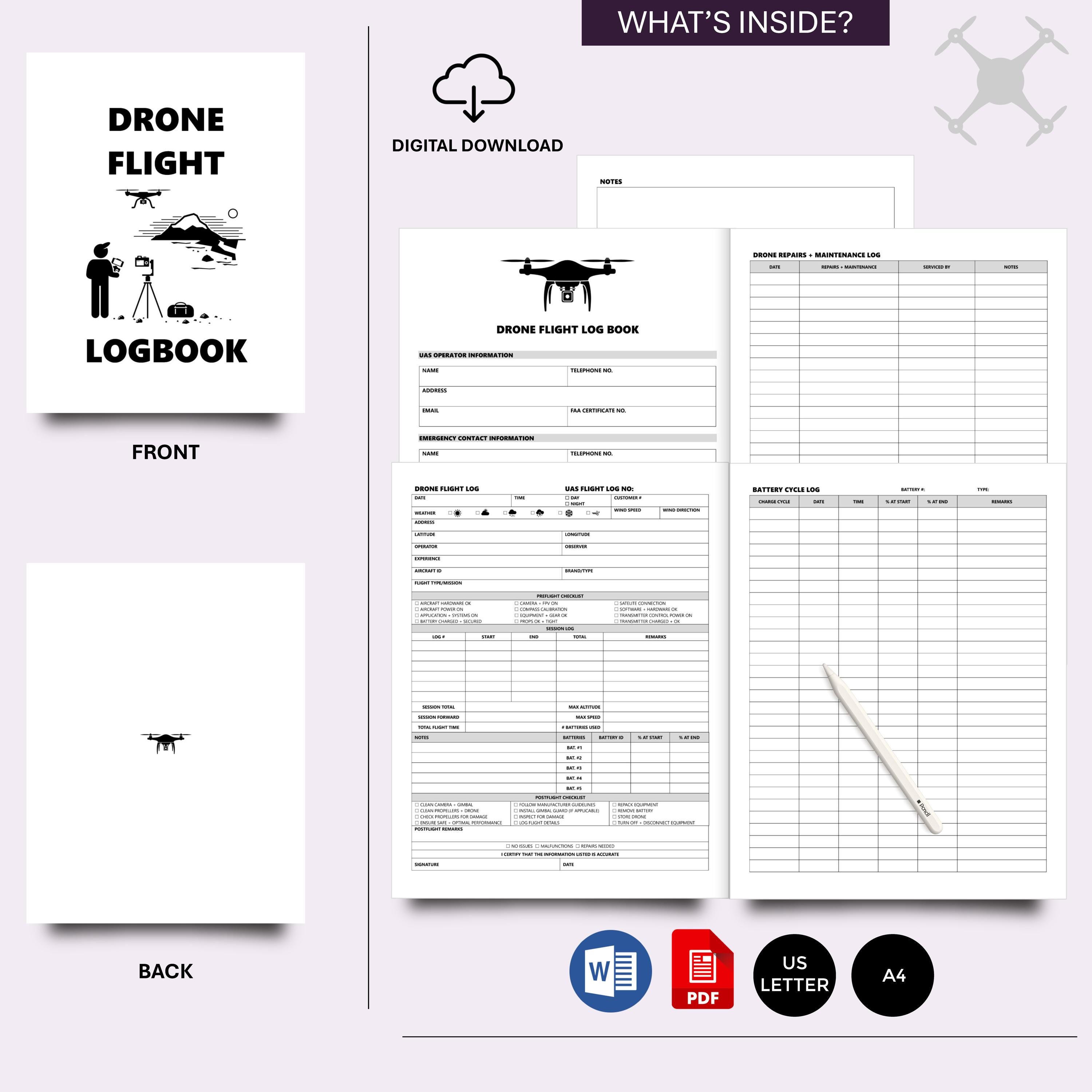 Editable Drone Log Book | Drone Maintenance Journal | Pilot Flight Book ...