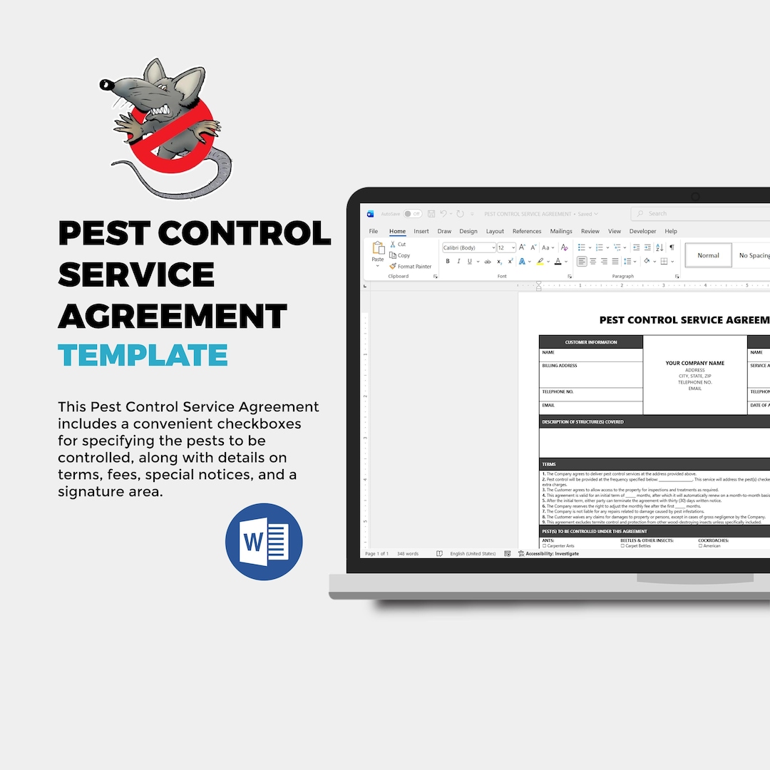 Editable Pest Control Service Agreement: Microsoft Word - Etsy
