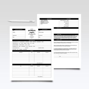 Può includere: Un modulo di preventivo per lavori di copertura in bianco e nero con sezioni per le informazioni sull'appaltatore e sul cliente, i dettagli del progetto, i materiali e i costi della manodopera. Una matita bianca è appoggiata nell'angolo in alto a sinistra.