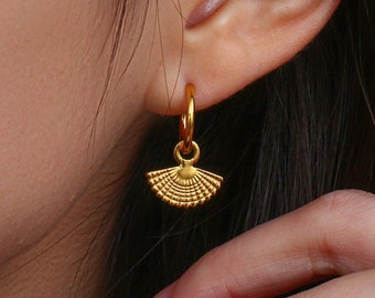 Gold Fan Earrings, Geometric Earrings Gold, Trendy Boho Earrings, Fan Shape Earrings, Fan Charm Earrings Detachable earrings Huggie Earrings