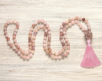 Tenderness, Spiritual, Harmony, Fertility necklace Genuine rose quartz mala beads Meditation beads Rose quartz jewelry Pink mala necklace