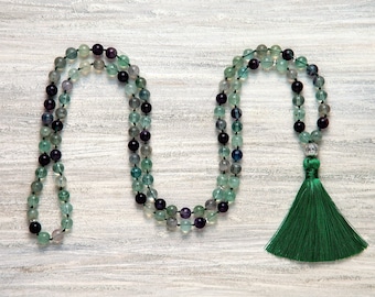 Mala beads 108 - Rainbow fluorite mala necklace Gemstone mala beads Fluorite jewelry Improves sleep Yoga necklace Intuition prayer beads