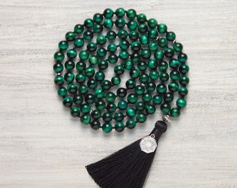 Mala beads 108 - Green tiger eye mala Yin yang necklace 108 mala necklace beads Yin yang jewelry Yoga mala prayer beads Protection necklace