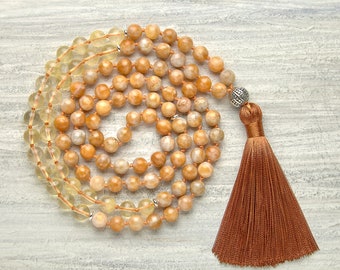 Attract money luck Orange Calcite & Citrine mala beads 108 mala necklace Prayer beads Meditation necklace Success jewelry Tassel necklace