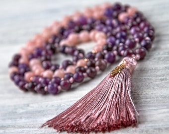 Mala beads 108 - Lepidolite & Pink Opal mala necklace Prayer beads Hamsa jewelry Yoga necklace Mala gift for her Women healing stone jewelry