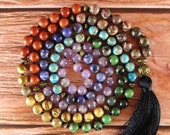 Chakra mala necklace, Chakra necklace, 108 mala beads, Yoga necklace, Tassel necklace, Japa mala, Prayer beads, Healing stones, Knotted mala