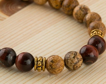 Handmade Beaded Bracelet - Mens bracelet  / Picture jasper bracelet Tiger eye jewelry Mens yoga bracelet Energy bracelet Gemstone bracelet