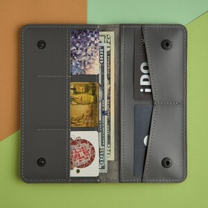 Cartera de cuero para hombre, Carteras de cuero para mujer, Cartera larga y delgada, Cartera de cuero para hombre, Cartera de viaje, Cartera minimalista, Cartera gris