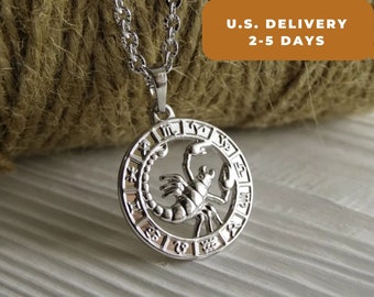 Zodiac necklace - Silver Scorpio jewelry Silver medallion necklace Zodiac jewelry Coin necklace silver Scorpio necklace Birth month necklace