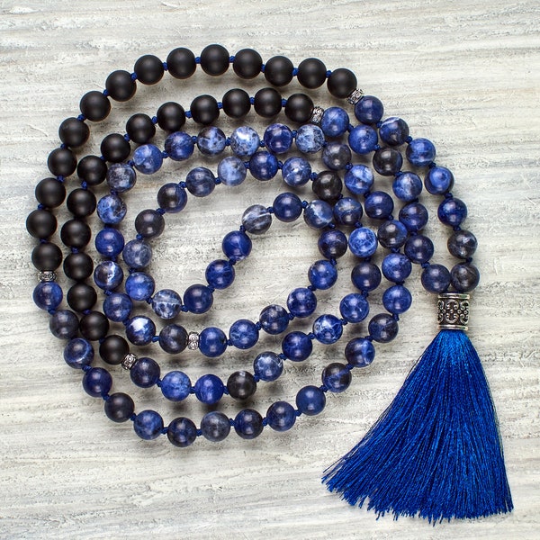 Perles mala 108 - Collier de protection contre les CEM Collier mala en shungite Perles mala en sodalite Cadeaux mala pour homme Bijoux de méditation Collier bohème pour homme