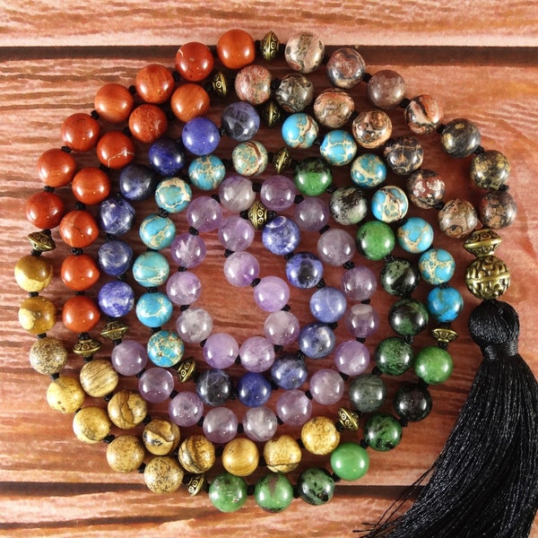 Mala necklace - Chakra 108 bead knotted mala,  108 mala beads, healing mala , meditation bracelets, meditation gifts men