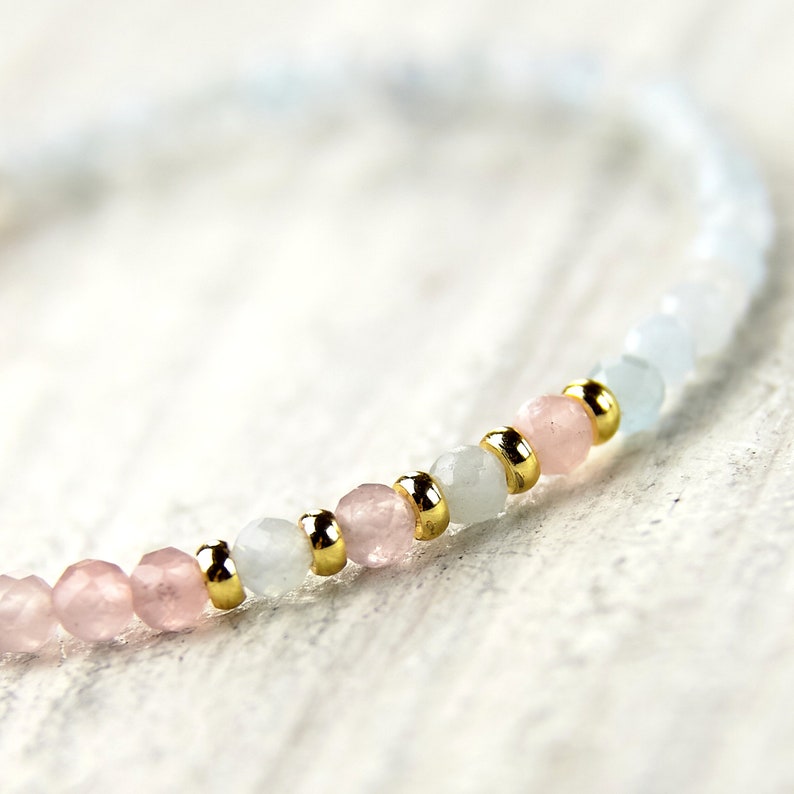 Christmas Gift For Her Rose quartz & Aquamarine bracelet Tiny stones bracelet Handmade jewelry Dainty jewelry Bracelet for Mom Fertility image 2