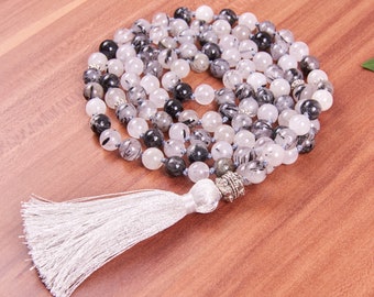 Prayer beads Black rutilated quartz mala necklace Quartz crystal mala beads Spiritual necklace Japa mala 108 Balancing mala Manifestation