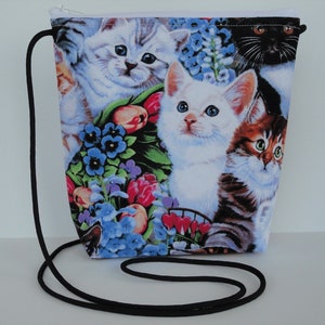 Cat Crossbody Bag,Small Crossbody Purse,Kittens,Cat Lover Gift,Flowers,Handmade cotton,7&quot; deep, 7-3/4&quot; wide 2-1/4&quot; squared off bottom
