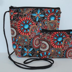 Crossbody Bag,Small Western Purse,Southwest,Turquoise Jewelry,Native American,Navajo,Aztec,Tribal,Jewel Look,Wallet,Zipper Coin Purse