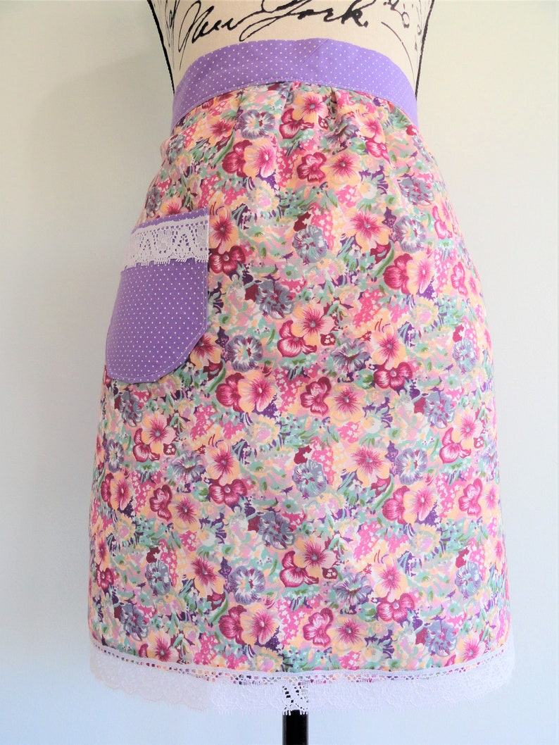 Retro Half Apron Floral Apron Vintage Style Apron Retro Apron Spring Flowers Baking Apron Pink Apron,Womens Half Lace Trimmed Apron