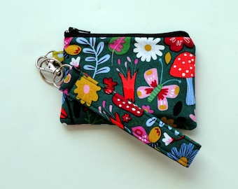 Floral Mushroom Wristlet Wallet: Small ID Holder & Key Fob Zipper Pouch, Inner Pockets