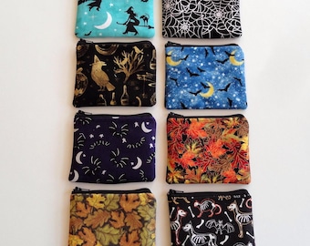 Halloween Fall Zip Pouch: Spider Web Wallet, Bat Coin Purse, Handmade Cotton