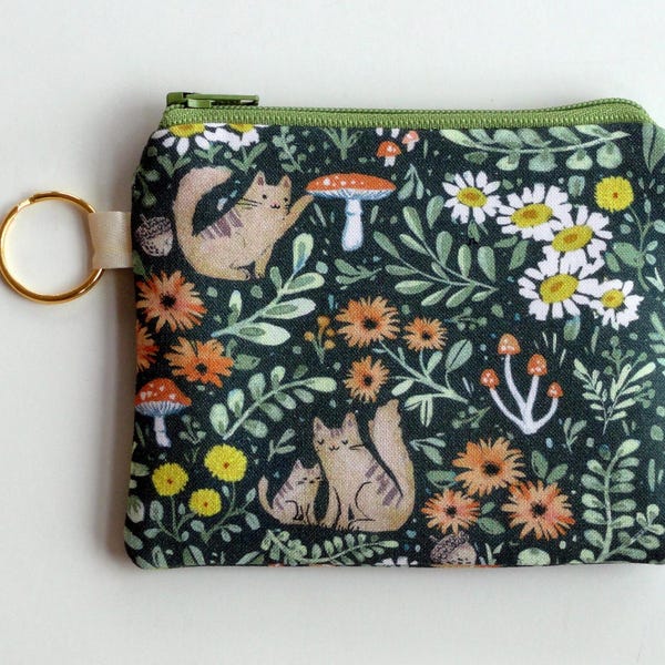 Cat Coin Purse: Floral Garden Cotton Zipper Pouch with Key Ring Option