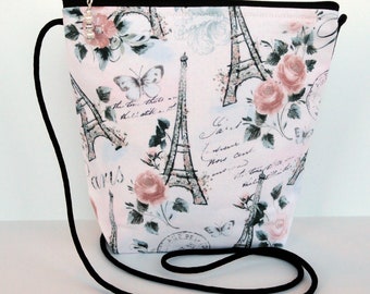 Paris France Crossbody Purse,Eiffel Tower,Travel,Europe,Vacation,Silver Glitter,Roses,Floral Purse,Vintage,Pearl Zipper Pull,Gift for Friend