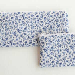 Floral Zipper Pouch: Navy Blue Flowers, Vintage Cotton, 9&quot; x 4.5&quot;