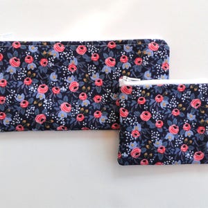 Rifle Paper Co. Navy Floral Zipper Pouch Set: Cotton Cosmetic & Pencil Bags