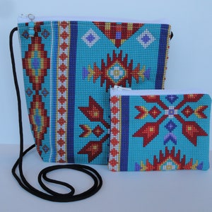 Crossbody Western Purse,Small Southwest Purse,Saddle Blanket,Turquoise Fabric,Native American,Navajo,Beaded Look,Aztec,Wallet Coin Purse
