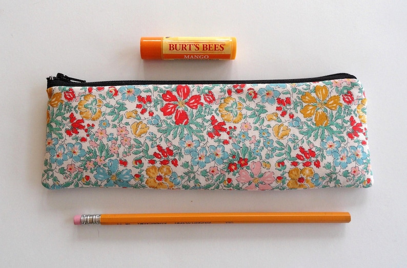 Liberty Floral Cotton Slim Zipper Pouch: Long Pencil Case, Makeup Bag, 9 x 3 Meadow Floral