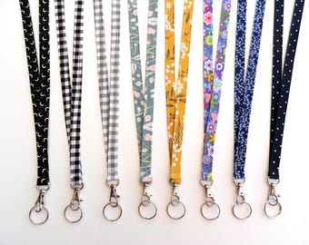Skinny Cotton Fabric Long Lanyard: Teacher, Nurse, ID Badge - Free Key Ring