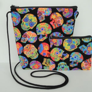 Bolso bandolera pequeño con calavera de azúcar, monedero gótico de Halloween, monedero con cremallera, monedero gótico con calavera de caramelo, monedero para identificación, billetera con cremallera, estuche para audífonos.